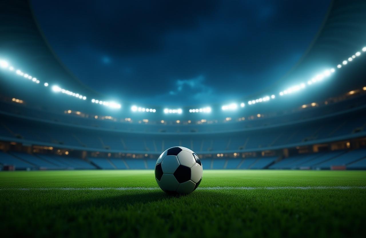 Stadio di calcio illuminato di notte con un pallone in primo piano