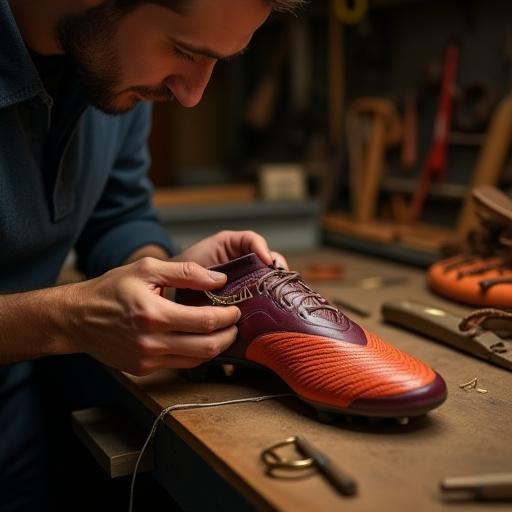 Artigiano che cuce una scarpa da calcio nel laboratorio